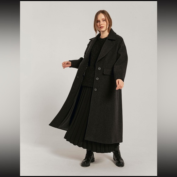Oversized Heavy Warm Staple Wardrobe Long Full Length Charcoal Coat Jacket - Picture 14 of 14